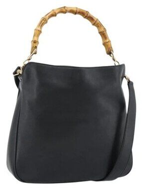 GUCCI Bamboo Shoulder Bag Leather 2way Black Gold 001 1638 2058 Auth ep15046